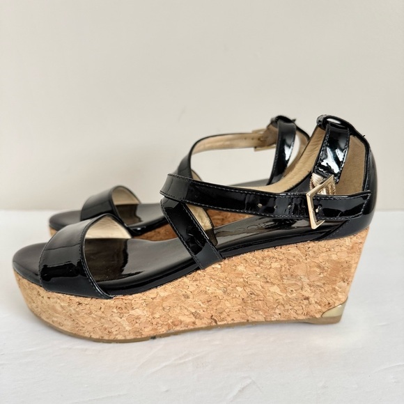Jimmy Choo Portia 70 Black Patent Leather Wedge Sandals Size 36.5 - Picture 10 of 16